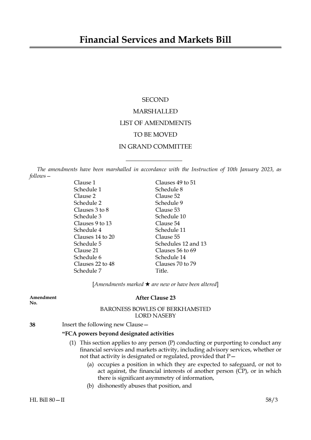Financial Services and Markets Bill Second Marshalled List of Amendments to be moved in Grand Committee