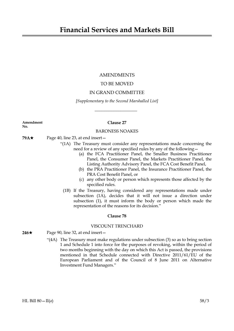 Financial Services and Markets Bill Amendments to be moved in Grand Committee [Supplementary to the Second Marshalled List]