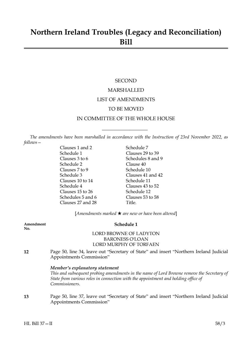 Northern Ireland Troubles (Legacy and Reconciliation) Bill Second Marshalled List of Amendments to be moved in Committee of the Whole House