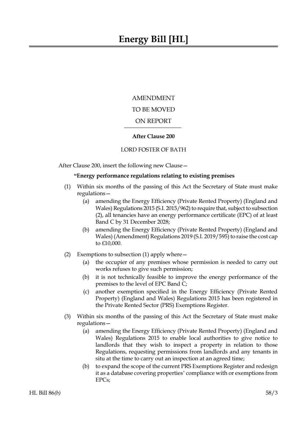 Energy Bill Amendment to be moved on Report