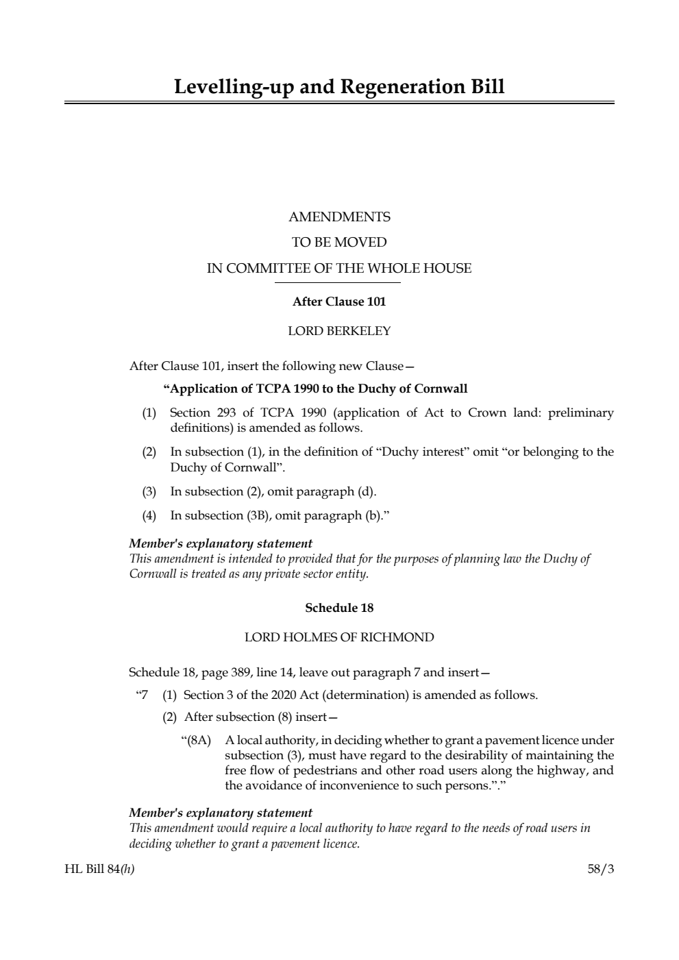 Levelling-up and Regeneration Bill Amendments to be moved in Committee of the Whole House