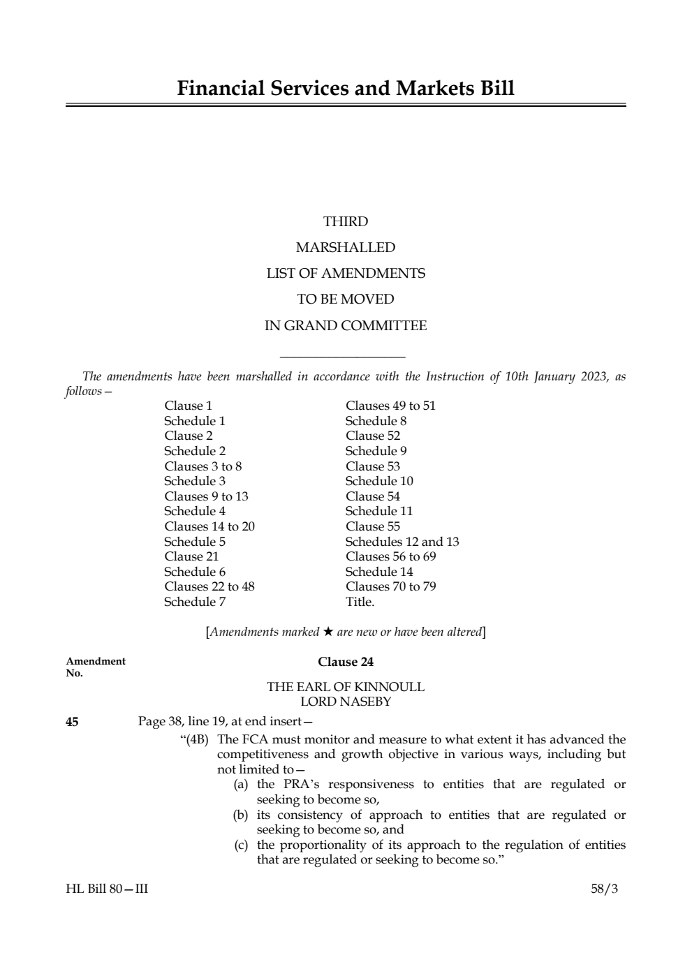 Financial Services and Markets Bill Third Marshalled List of Amendments to be moved in Grand Committee