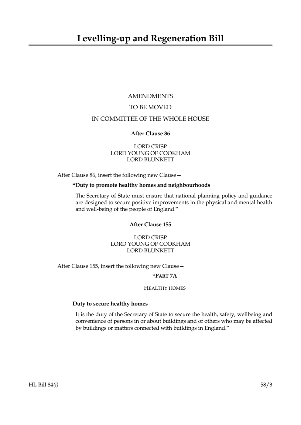 Levelling-up and Regeneration Bill Amendments to be moved in Committee of the Whole House
