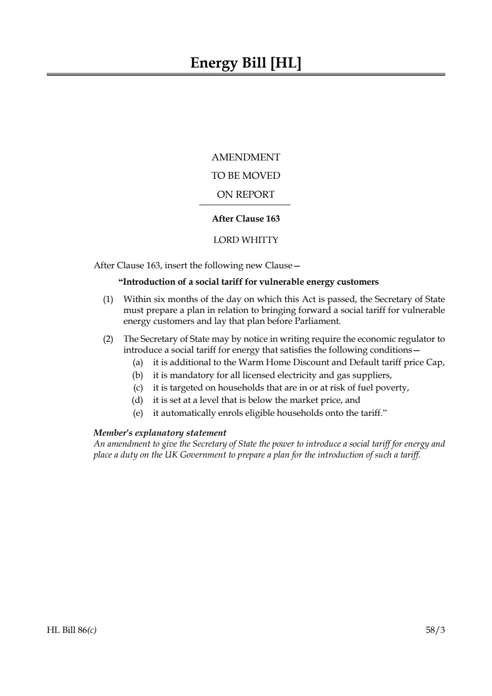 Energy Bill Amendment to be moved on Report