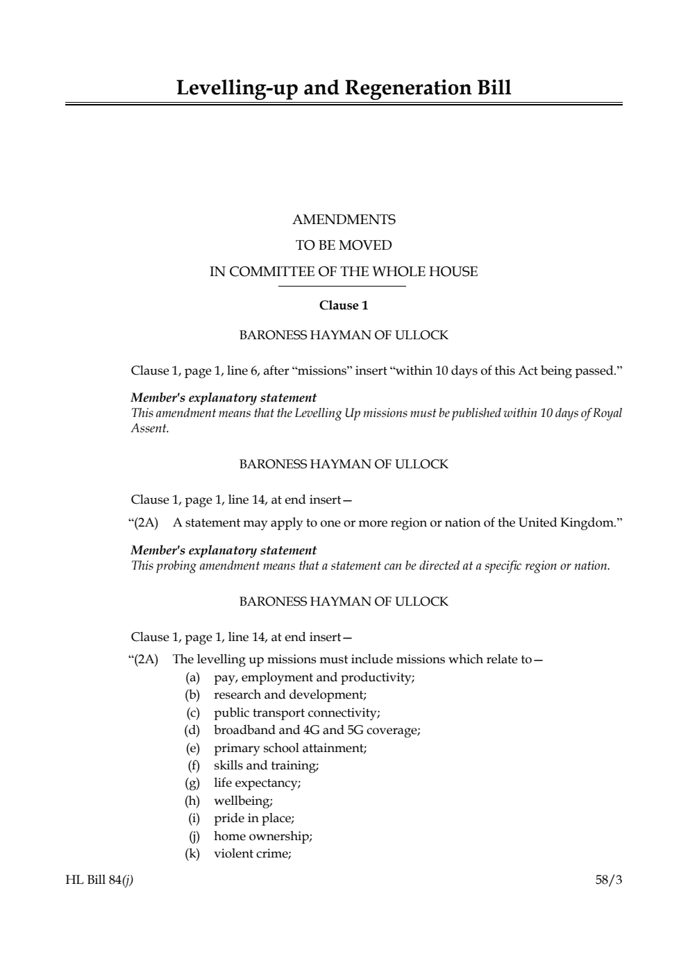 Levelling-up and Regeneration Bill Amendments to be moved in Committee of the Whole House