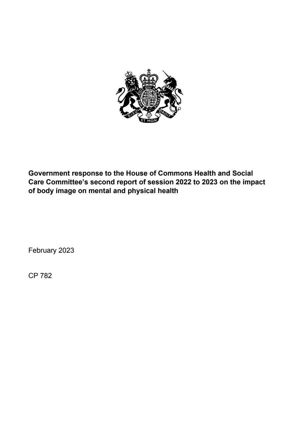 Government response to the House of Commons Health and Social Care Committee’s second report of session 2022 to 2023 on the impact of body image on mental and physical health