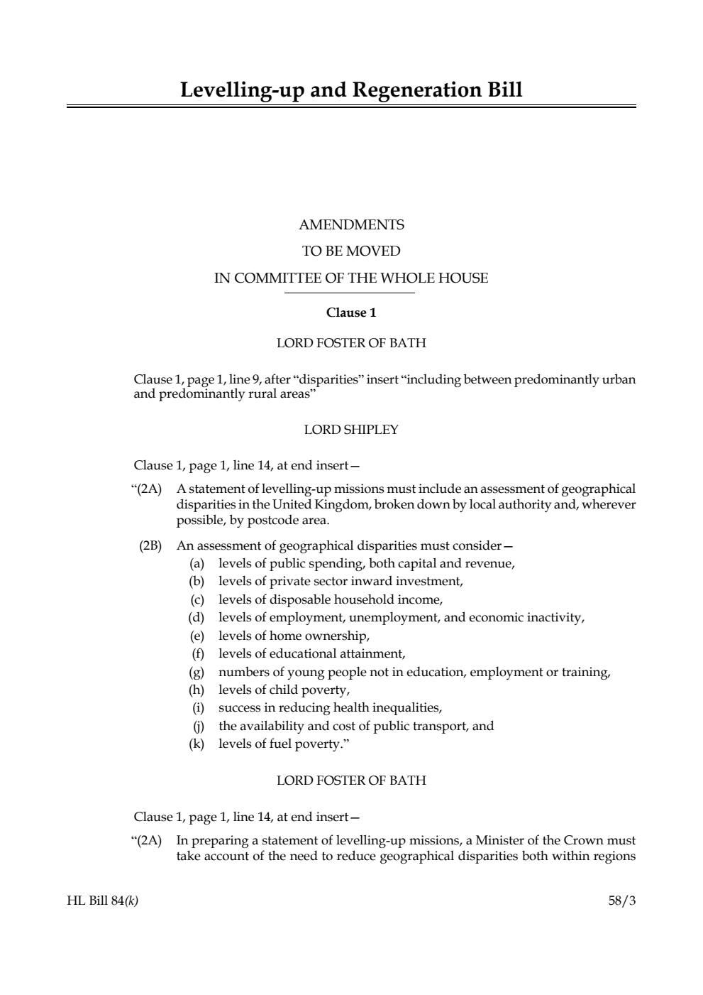 Levelling-up and Regeneration Bill Amendments to be moved in Committee of the Whole House