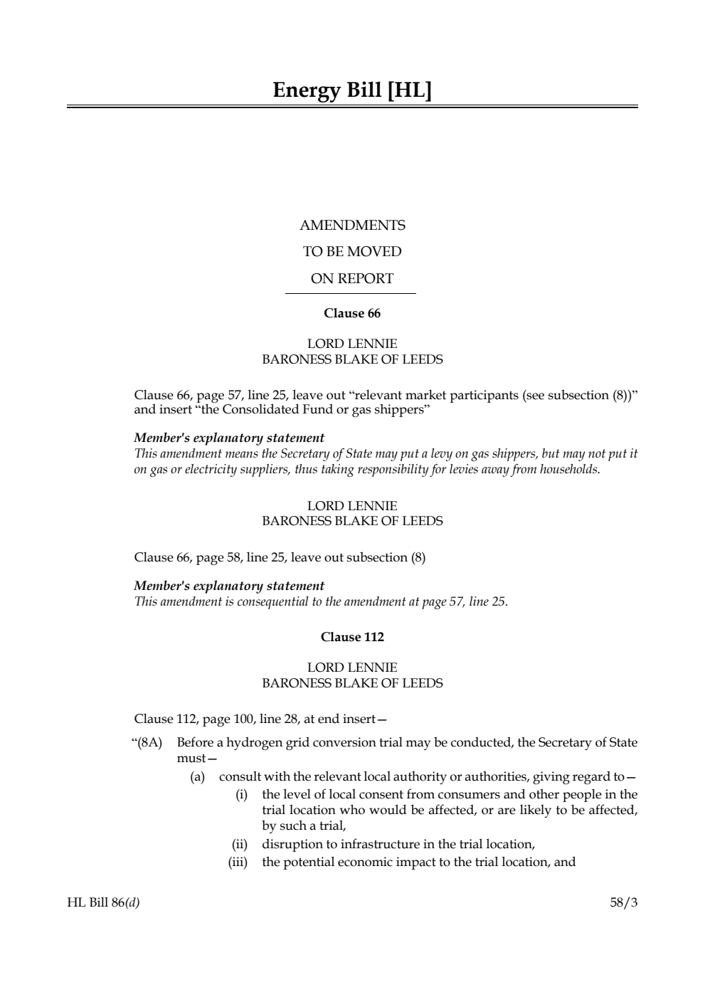 Energy Bill Amendments to be moved on Report