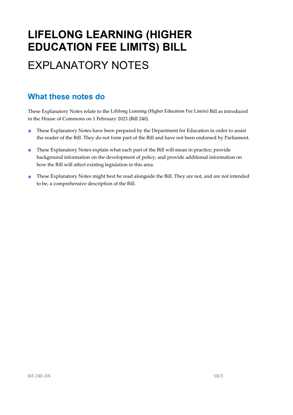 Lifelong Learning (Higher Education Fee Limits) Bill Explanatory Notes