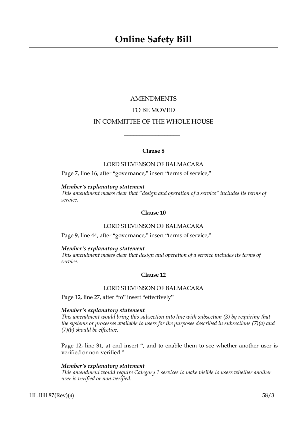 Online Safety Bill Amendments to be moved in Committee of the Whole House