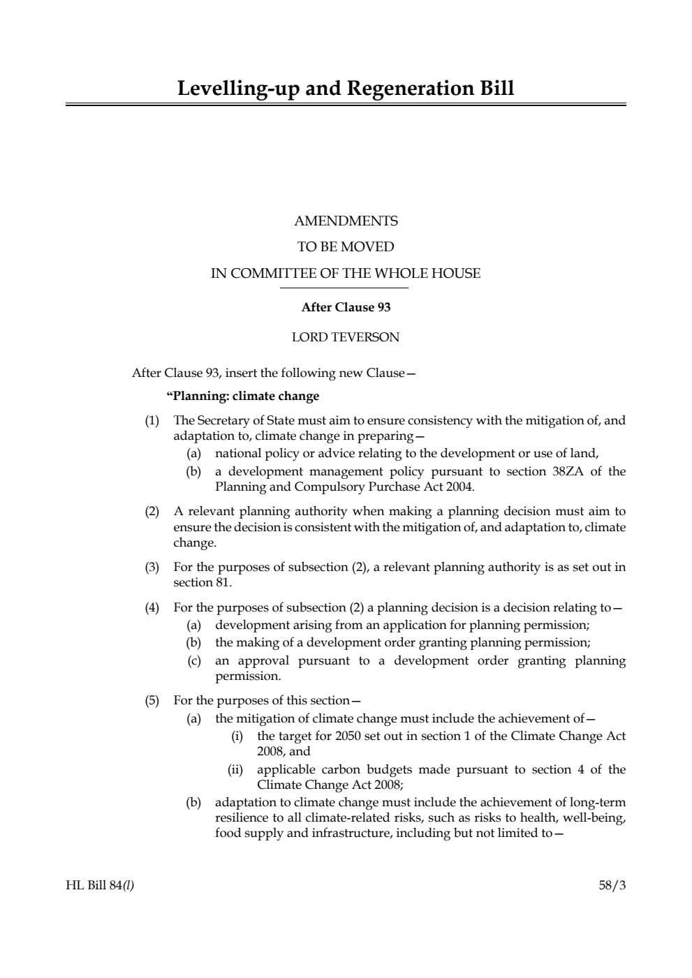 Levelling-up and Regeneration Bill Amendments to be moved in Committee of the Whole House