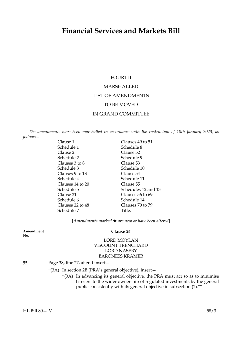 Financial Services and Markets Bill Fourth Marshalled List of Amendments to be moved in Grand Committee