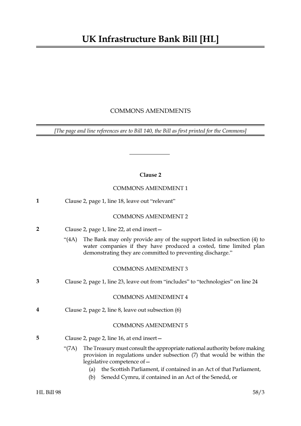 UK Infrastructure Bank Bill Commons Amendments