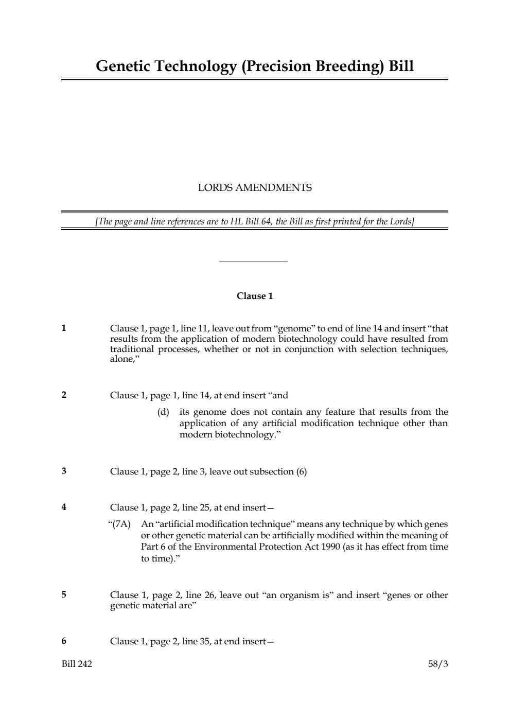 Genetic Technology (Precision Breeding) Bill Lords Amendments