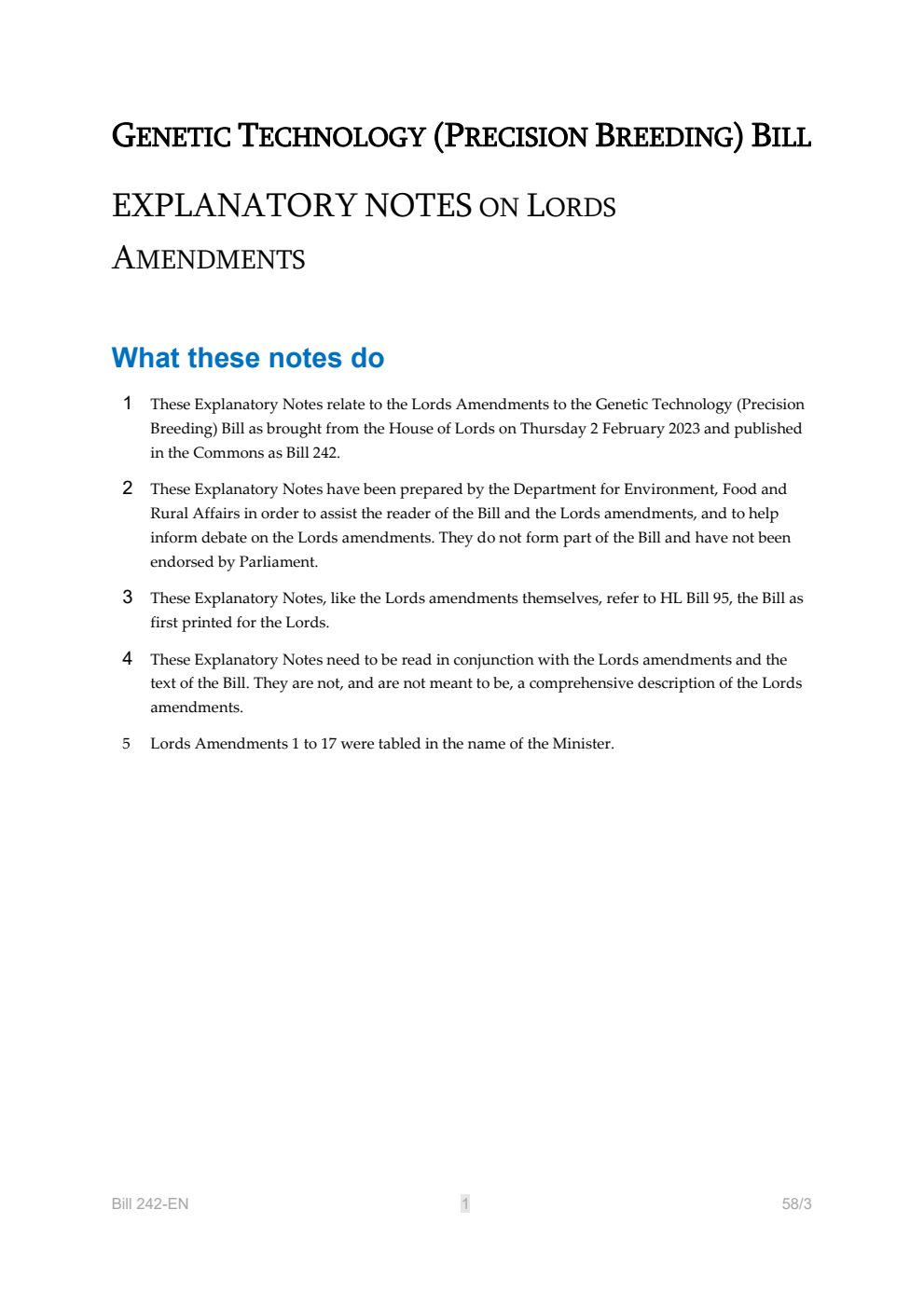 Genetic Technology (Precision Breeding) Bill Explanatory Notes on Lords Amendments