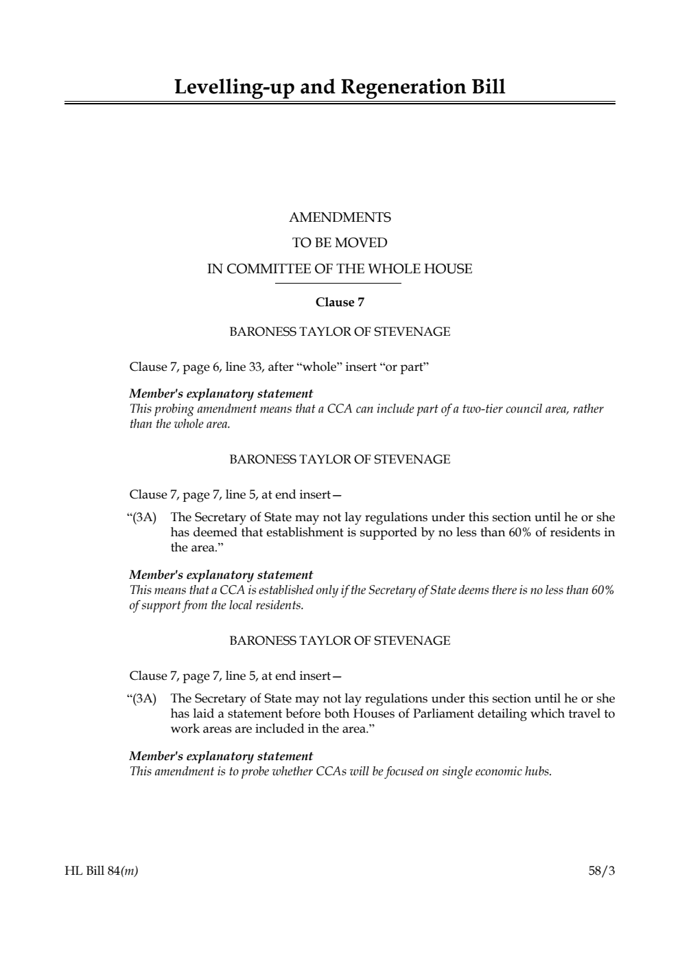 Levelling-up and Regeneration Bill Amendments to be moved in Committee of the Whole House