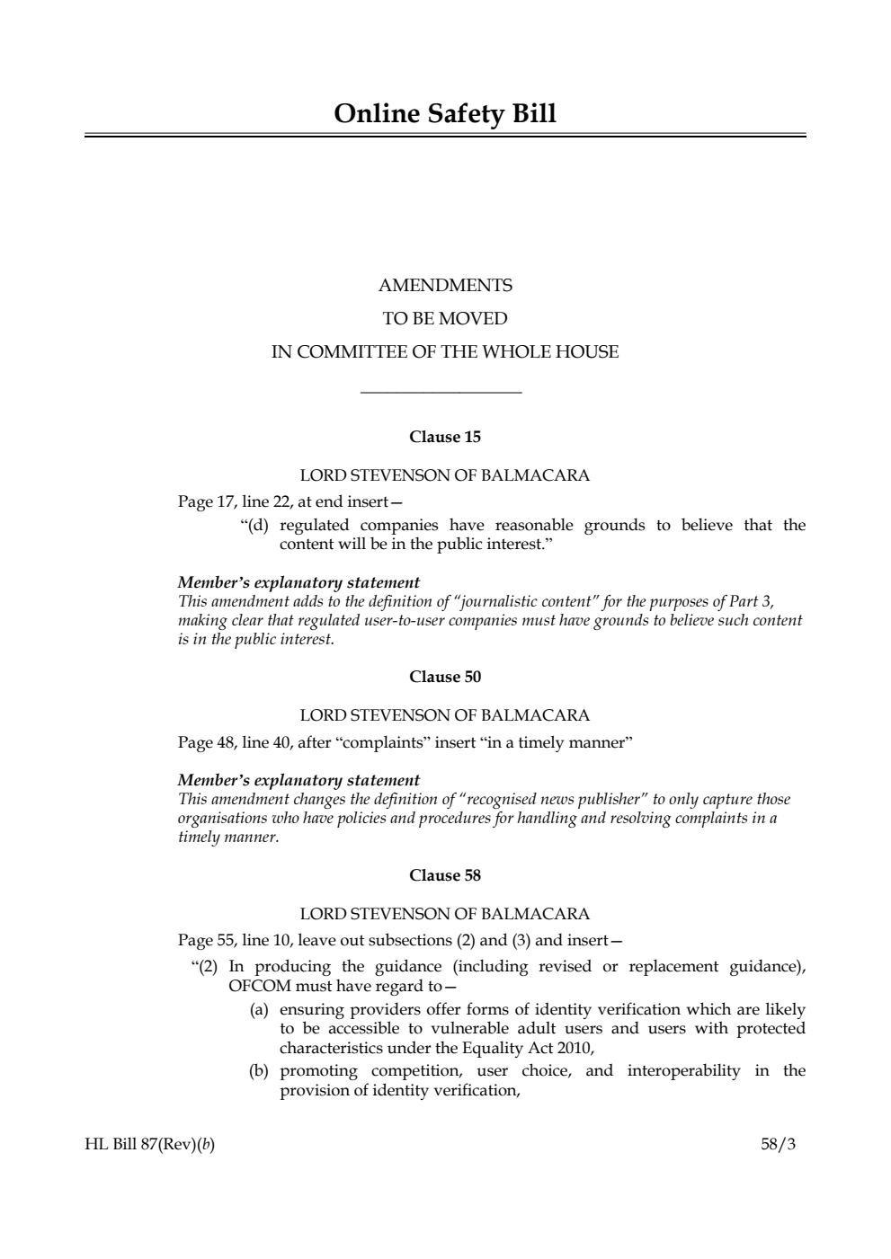 Online Safety Bill Amendments to be moved in Committee of the Whole House