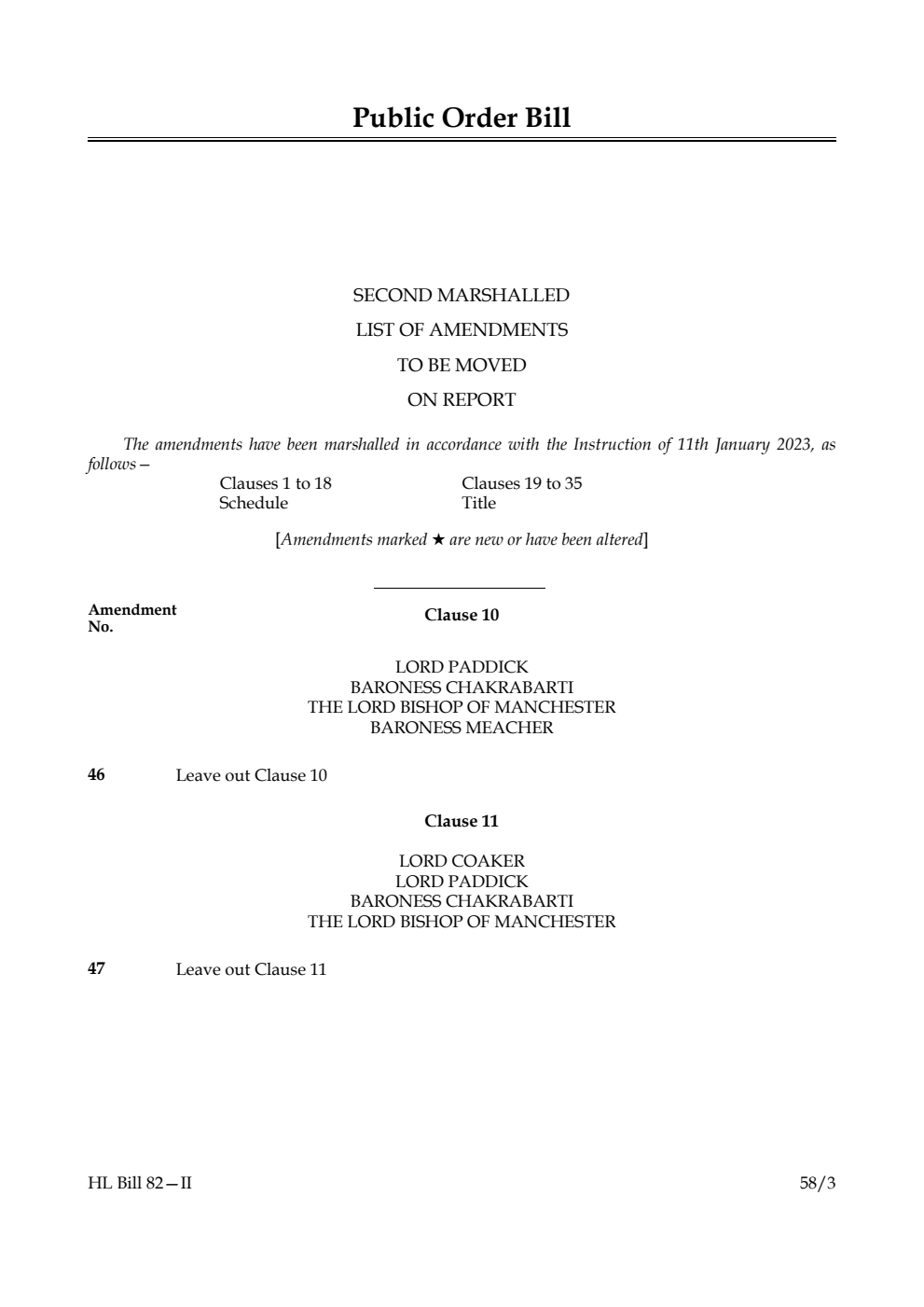 Public Order Bill Second Marshalled List of Amendments to be moved on report