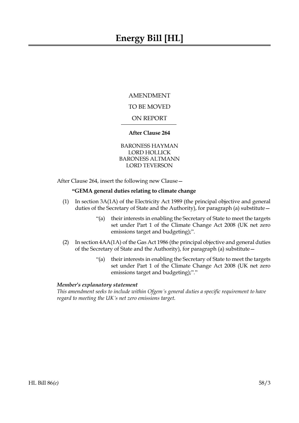 Energy Bill Amendment to be moved on Report