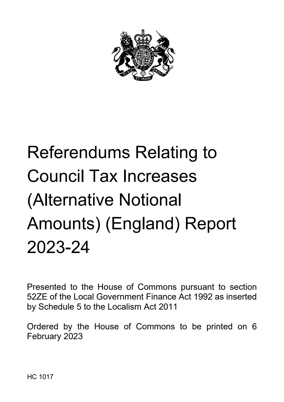 Referendums Relating to Council Tax Increases (Alternative Notional Amounts) (England) Report 2023-24