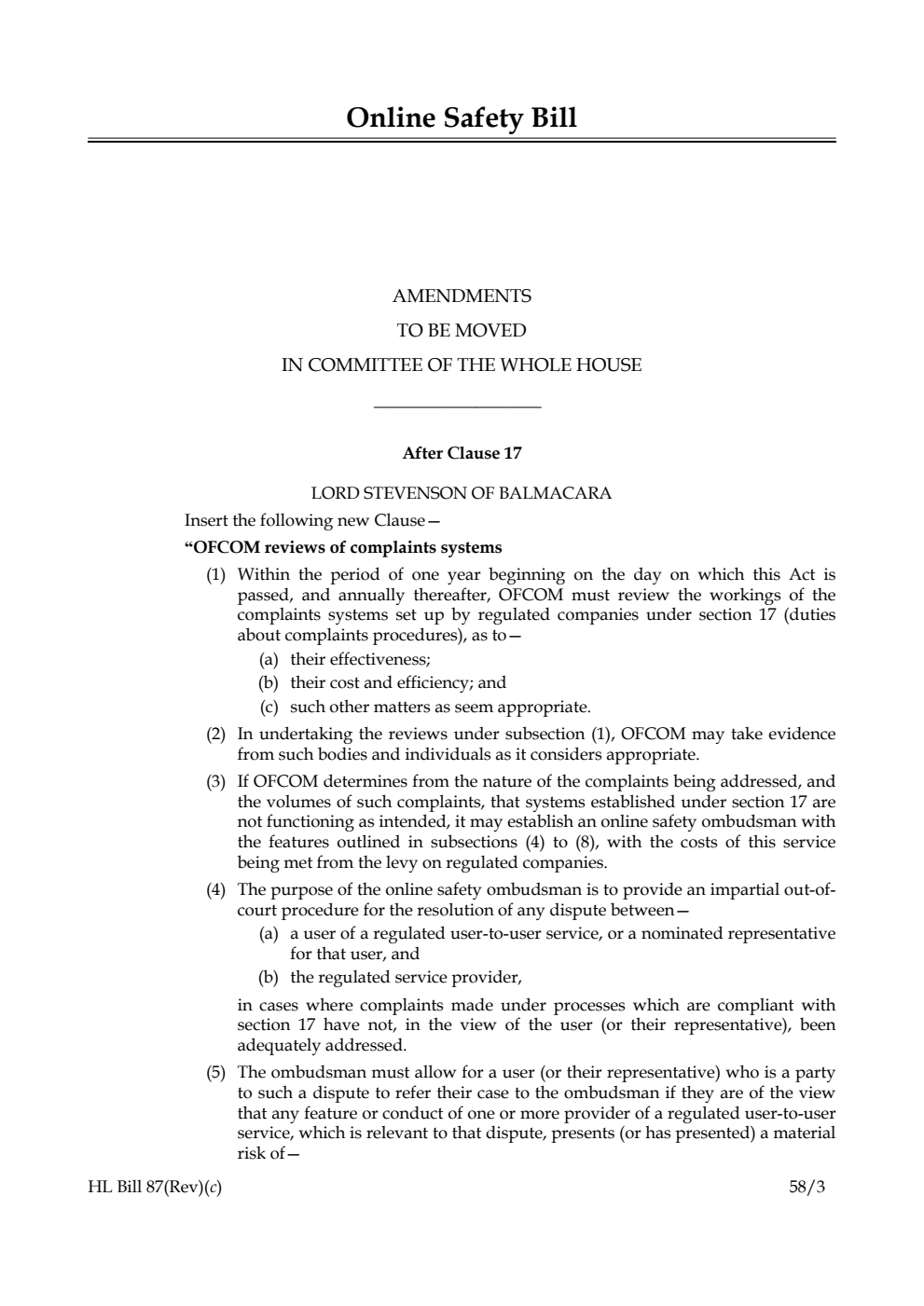 Online Safety Bill Amendments to be moved in Committee of the Whole House