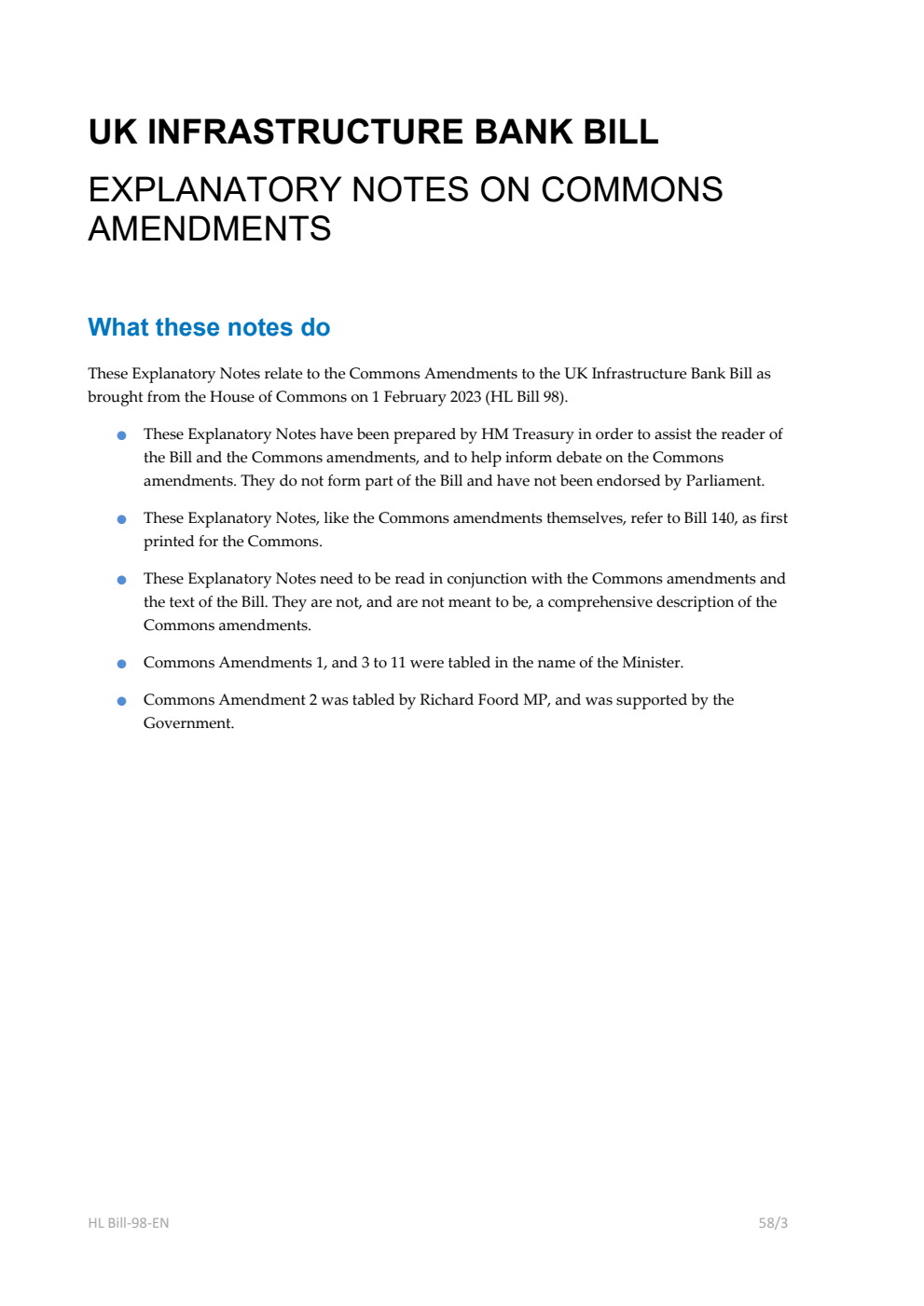 UK Infrastructure Bank Bill Explanatory Notes on Commons Amendments