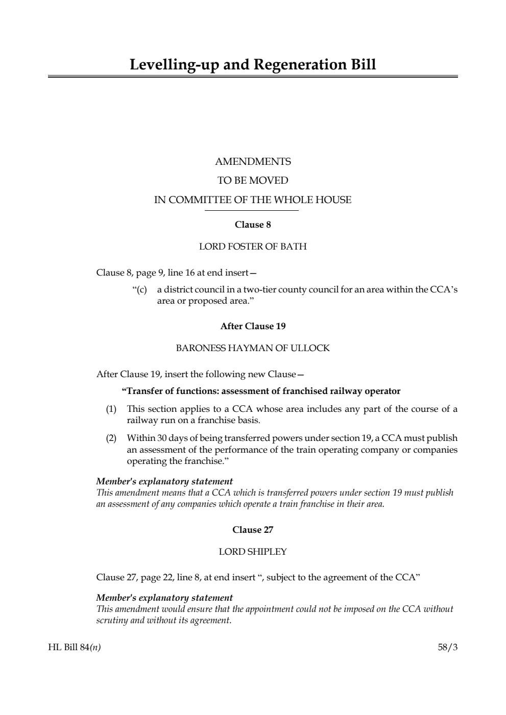 Levelling-up and Regeneration Bill Amendments to be moved in Committee of the Whole House