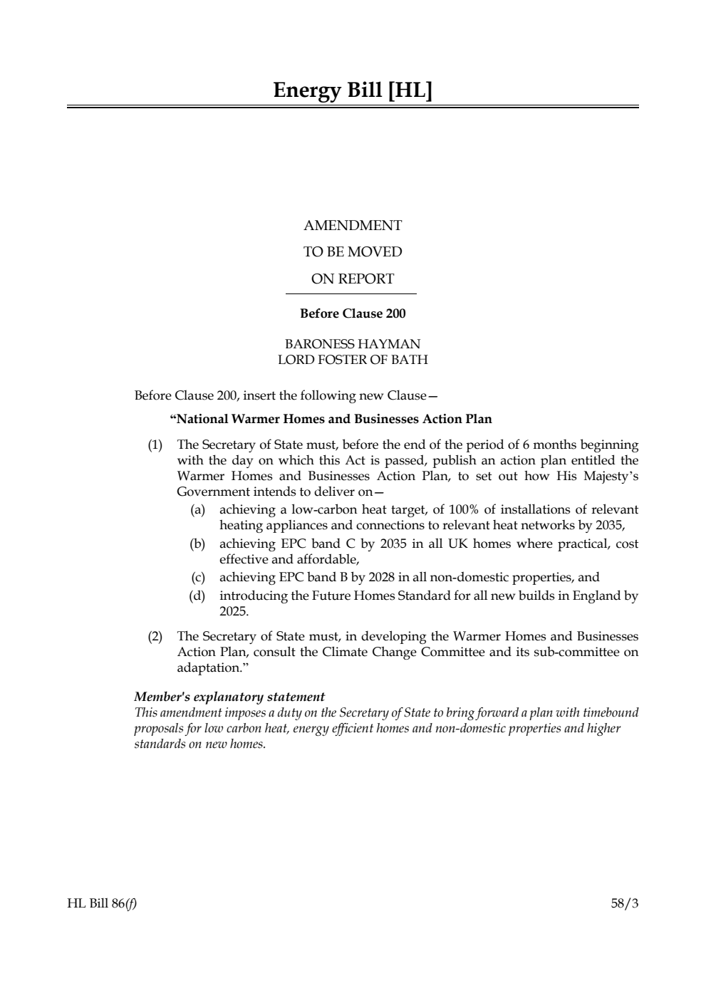 Energy Bill Amendment to be moved on Report