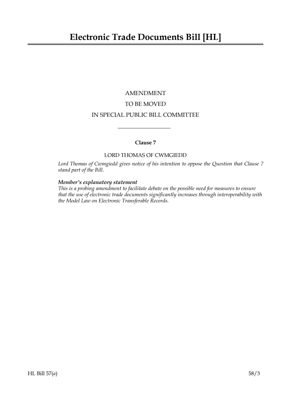 Electronic Trade Documents Bill Amendment to be moved in Special Public Bill Committee