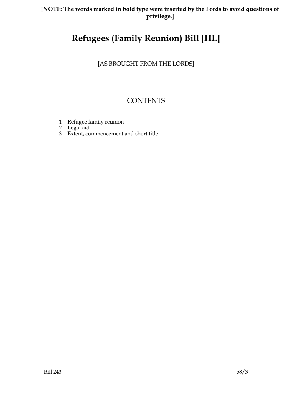 Refugees (Family Reunion) Bill [as brought from the Lords]