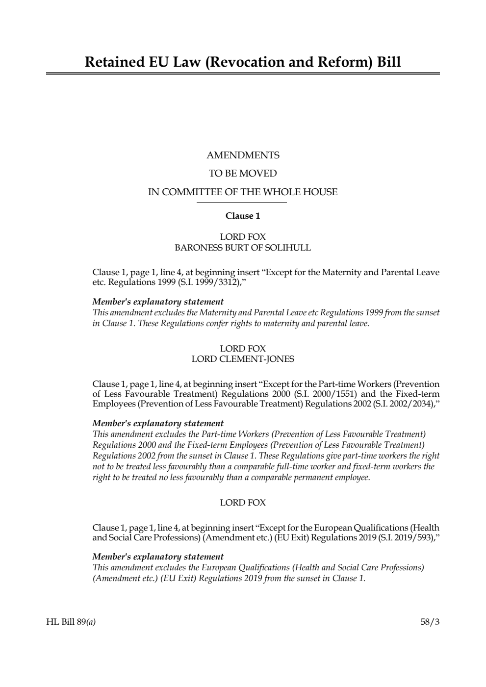 Retained EU Law (Revocation and Reform) Bill Amendments to be moved in Committee of the Whole House
