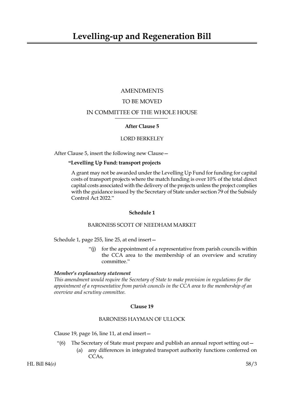 Levelling-up and Regeneration Bill Amendments to be moved in Committee of the Whole House