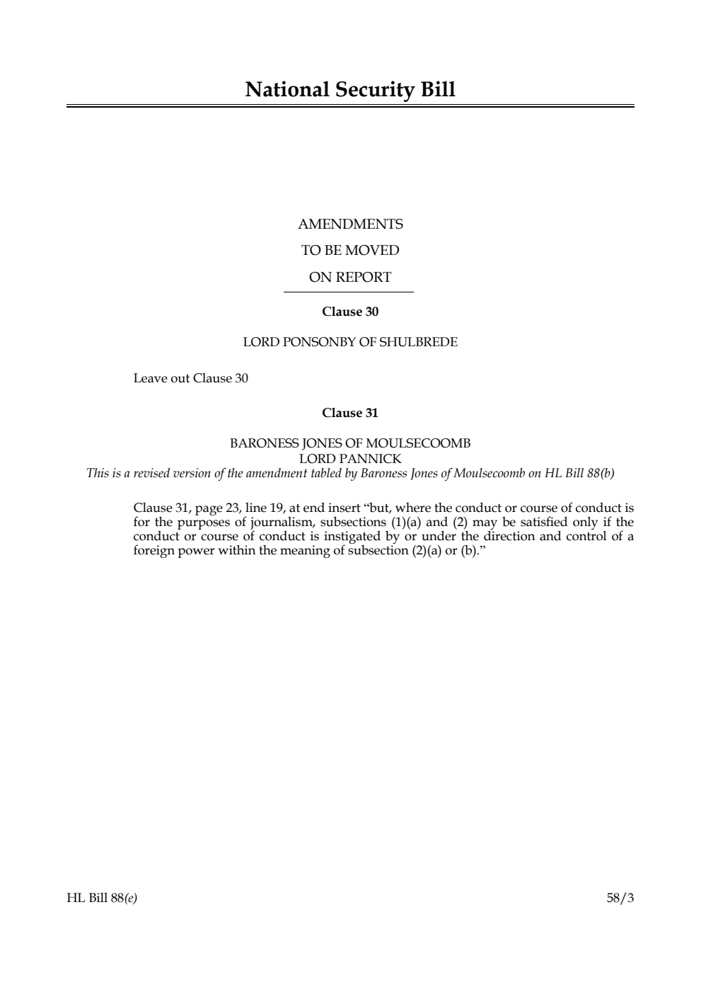 National Security Bill Amendments to be moved on Report