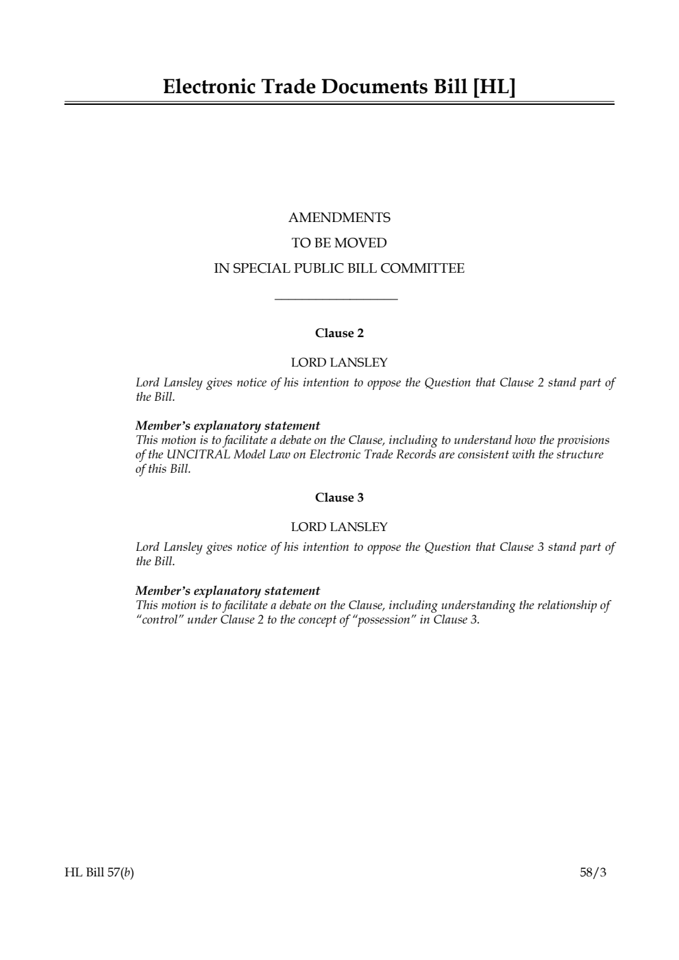 Electronic Trade Documents Bill Amendments to be moved in Special Public Bill Committee