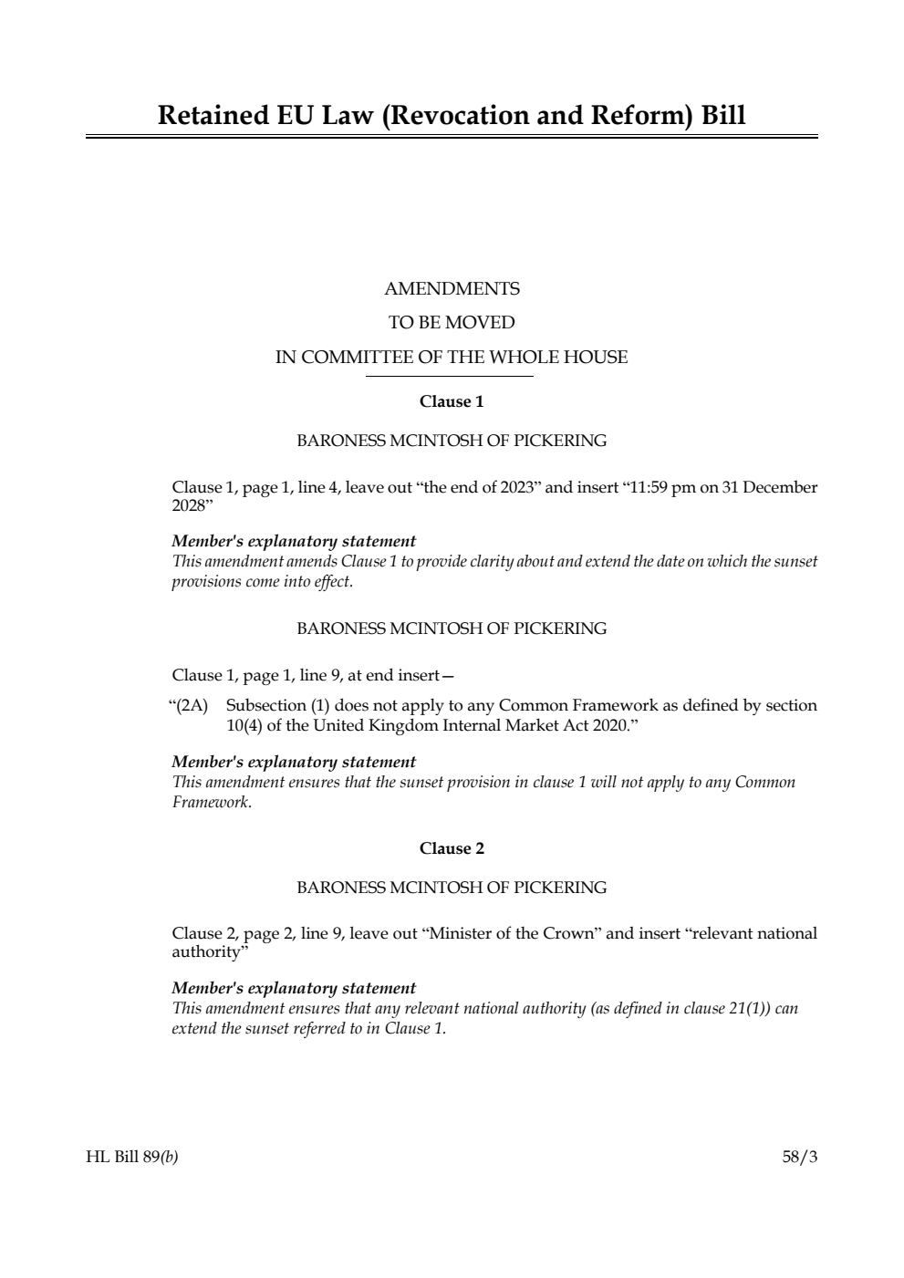 Retained EU Law (Revocation and Reform) Bill Amendments to be moved in Committee of the Whole House