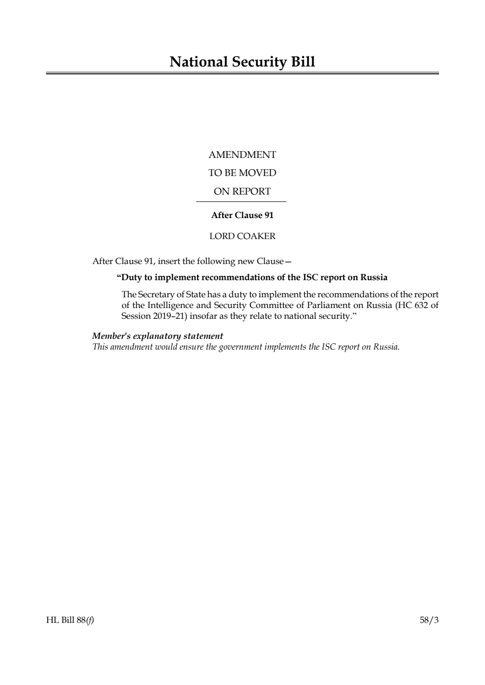 National Security Bill Amendment to be moved on Report