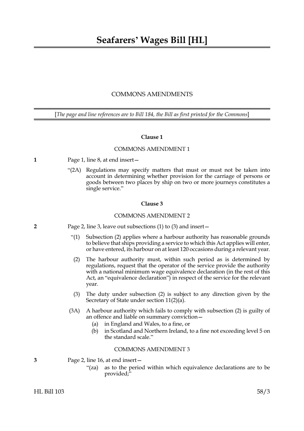 Seafarers’ Wages Bill Commons Amendments