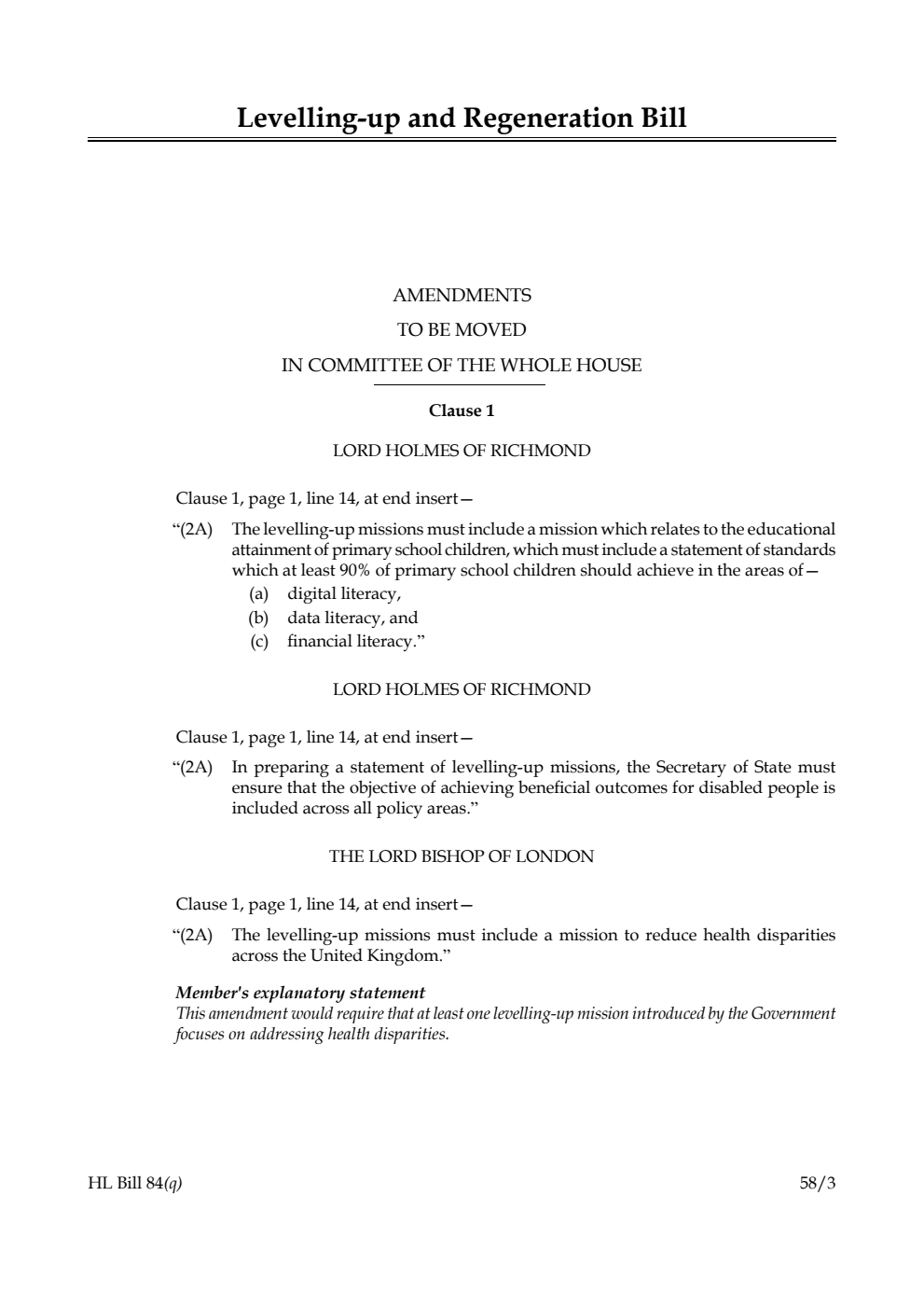 Levelling-up and Regeneration Bill Amendments to be moved in Committee of the Whole House