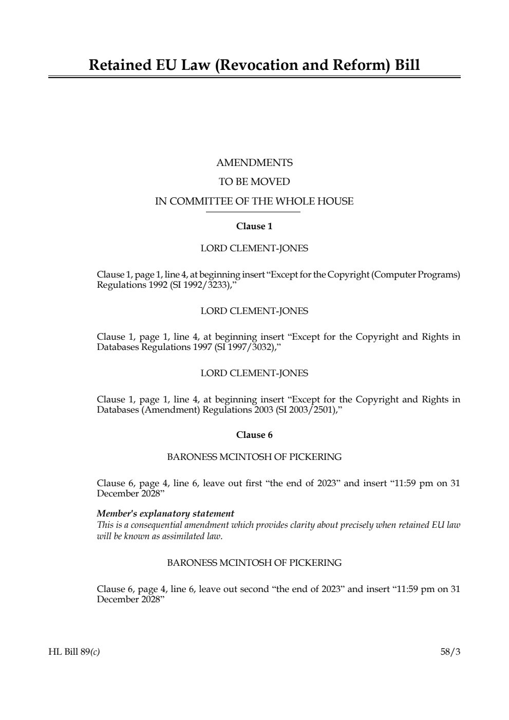Retained EU Law (Revocation and Reform) Bill Amendments to be moved in Committee of the Whole House