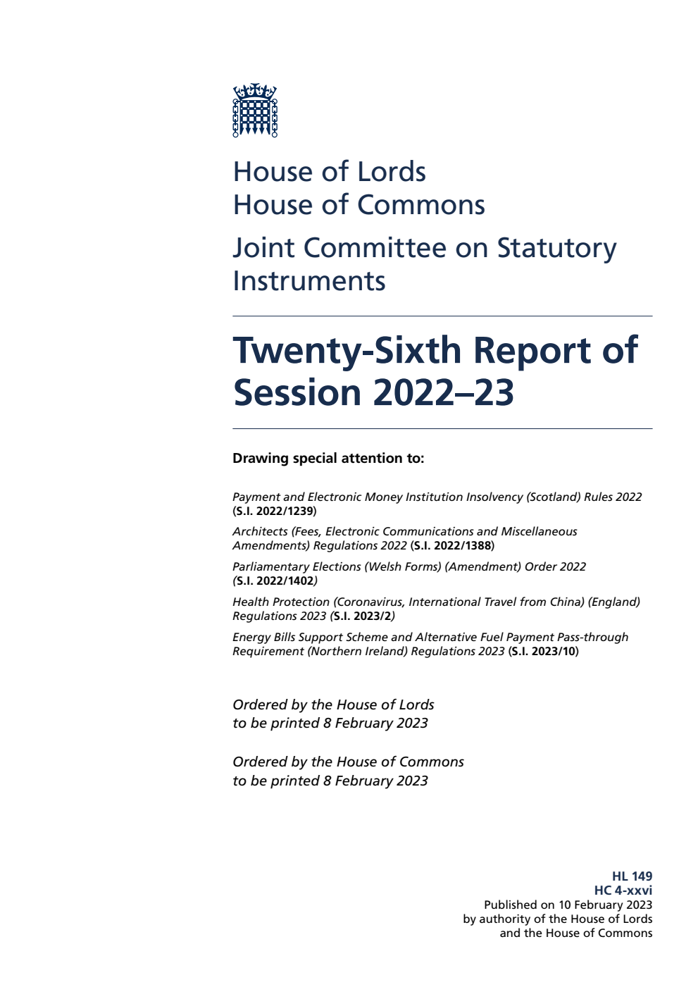 Joint Committee on Statutory Instruments 26th Report of Session 2022-23