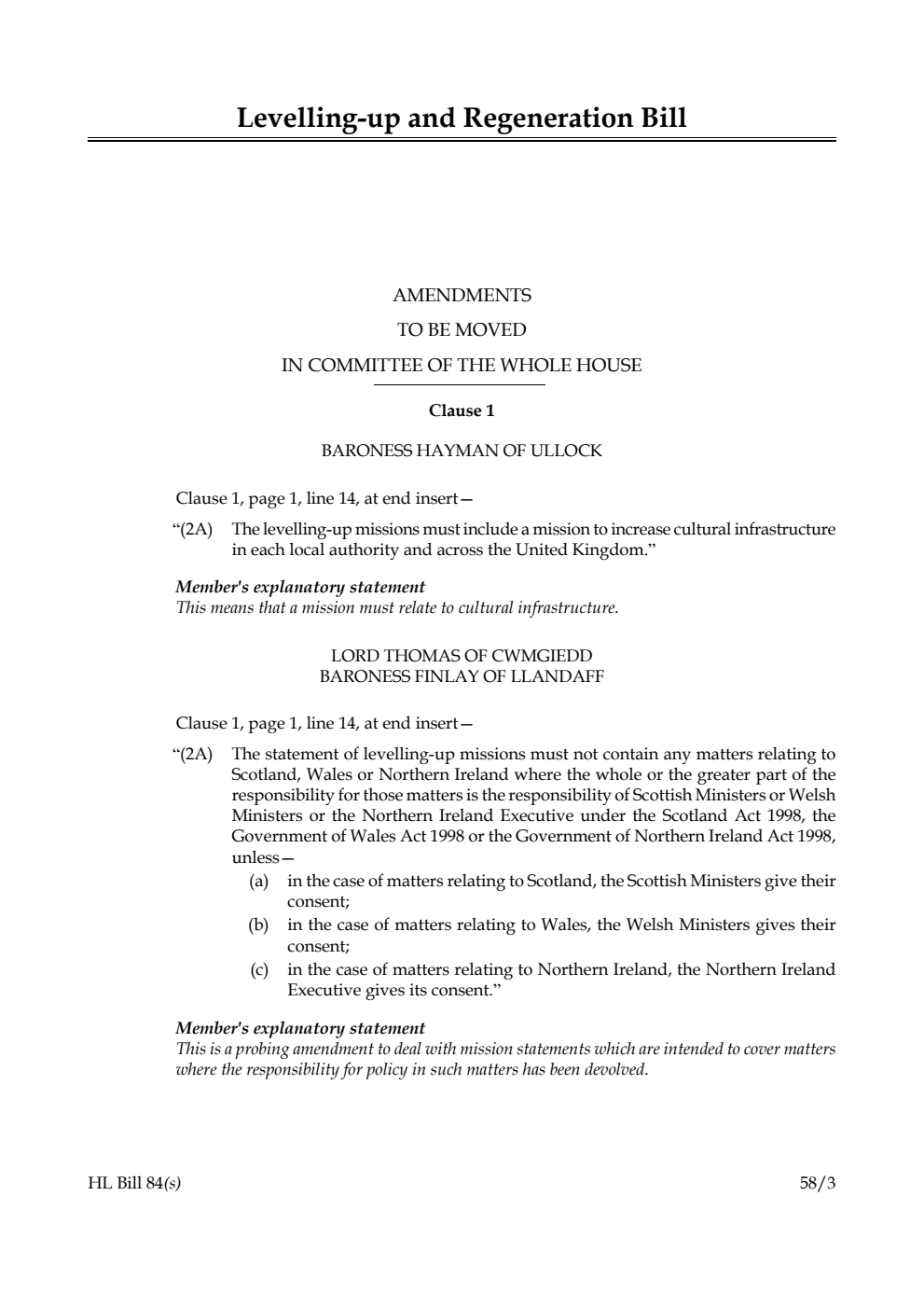 Levelling-up and Regeneration Bill Amendments to be moved in Committee of the Whole House