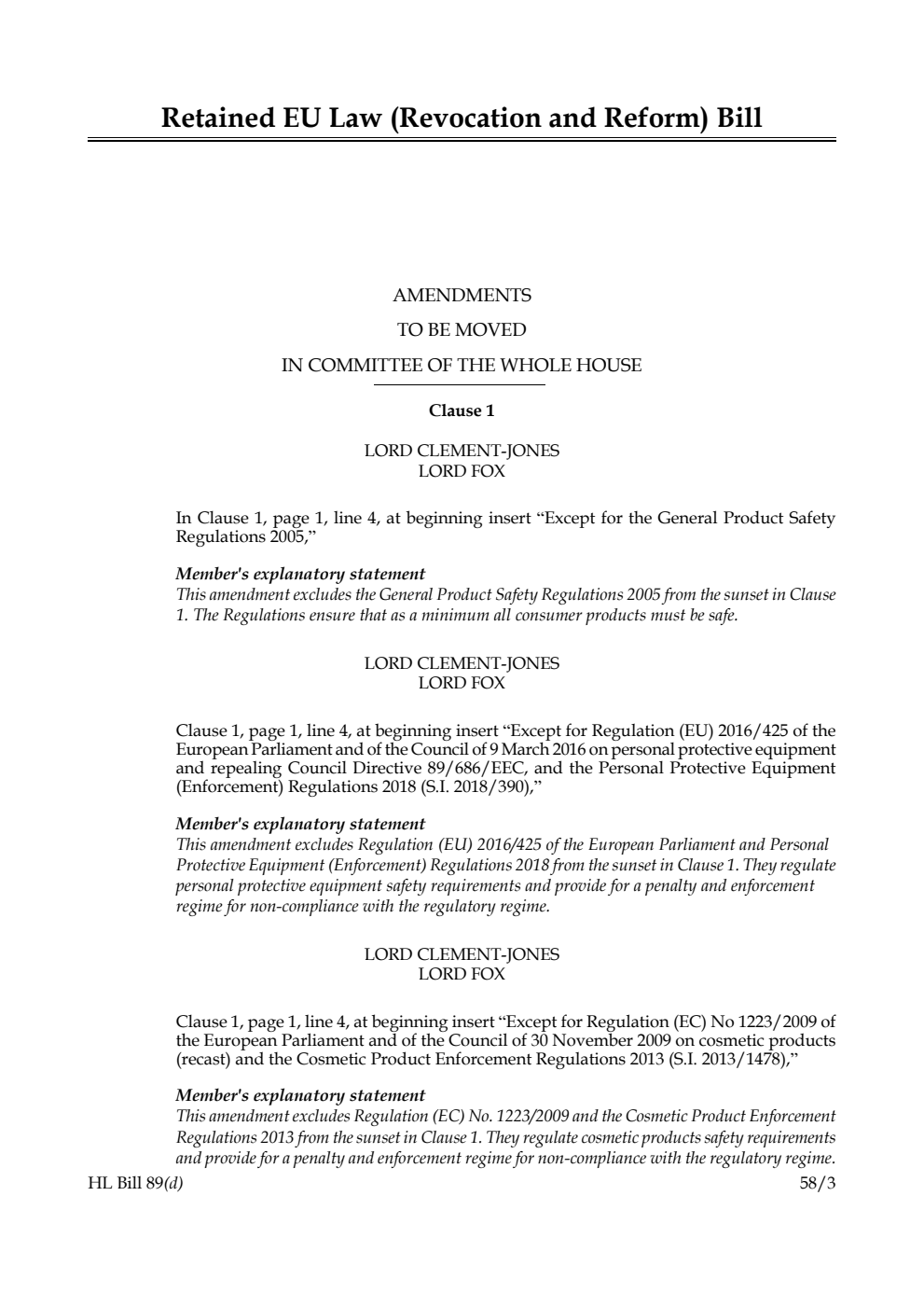 Retained EU Law (Revocation and Reform) Bill Amendments to be moved in Committee of the Whole House