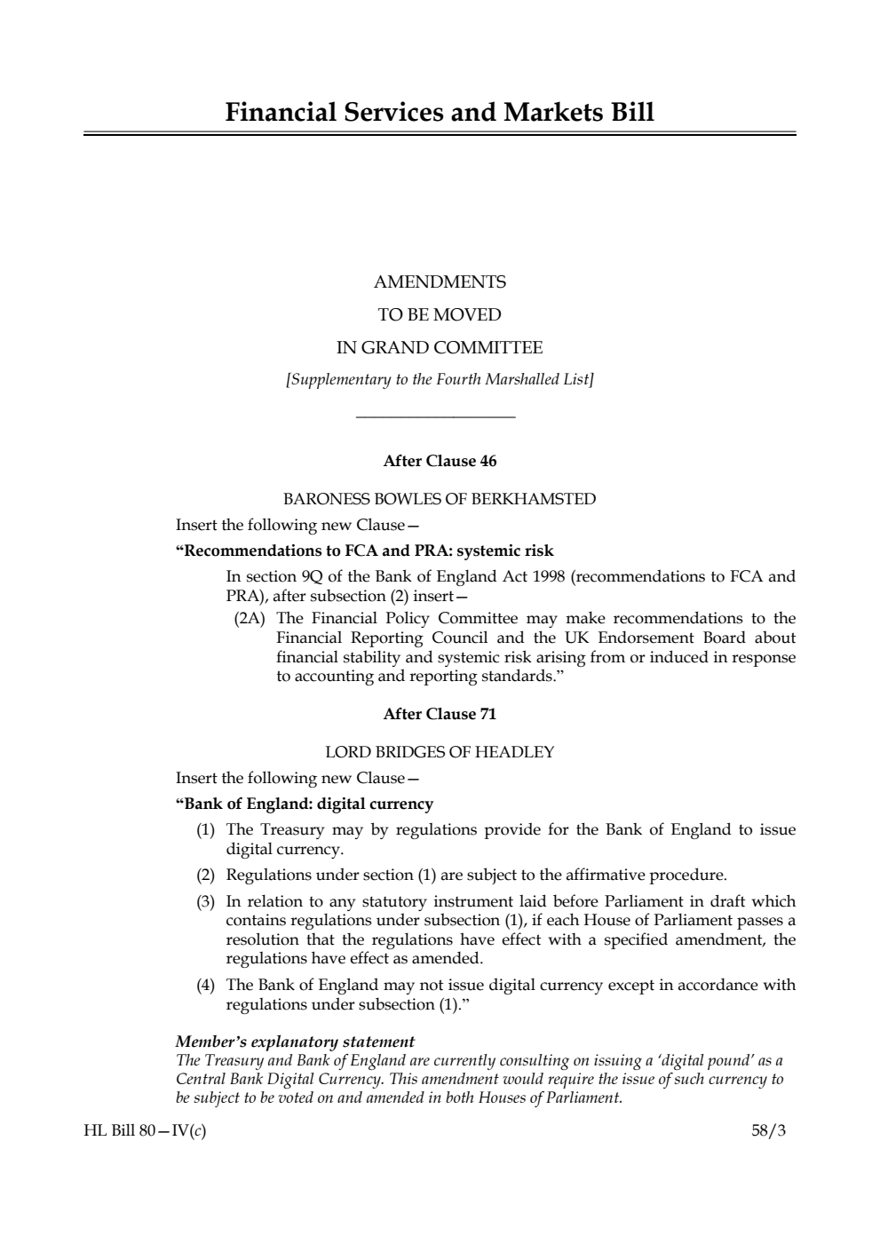 Financial Services and Markets Bill Amendments to be moved in Grand Committee [Supplementary to the Fourth Marshalled List]