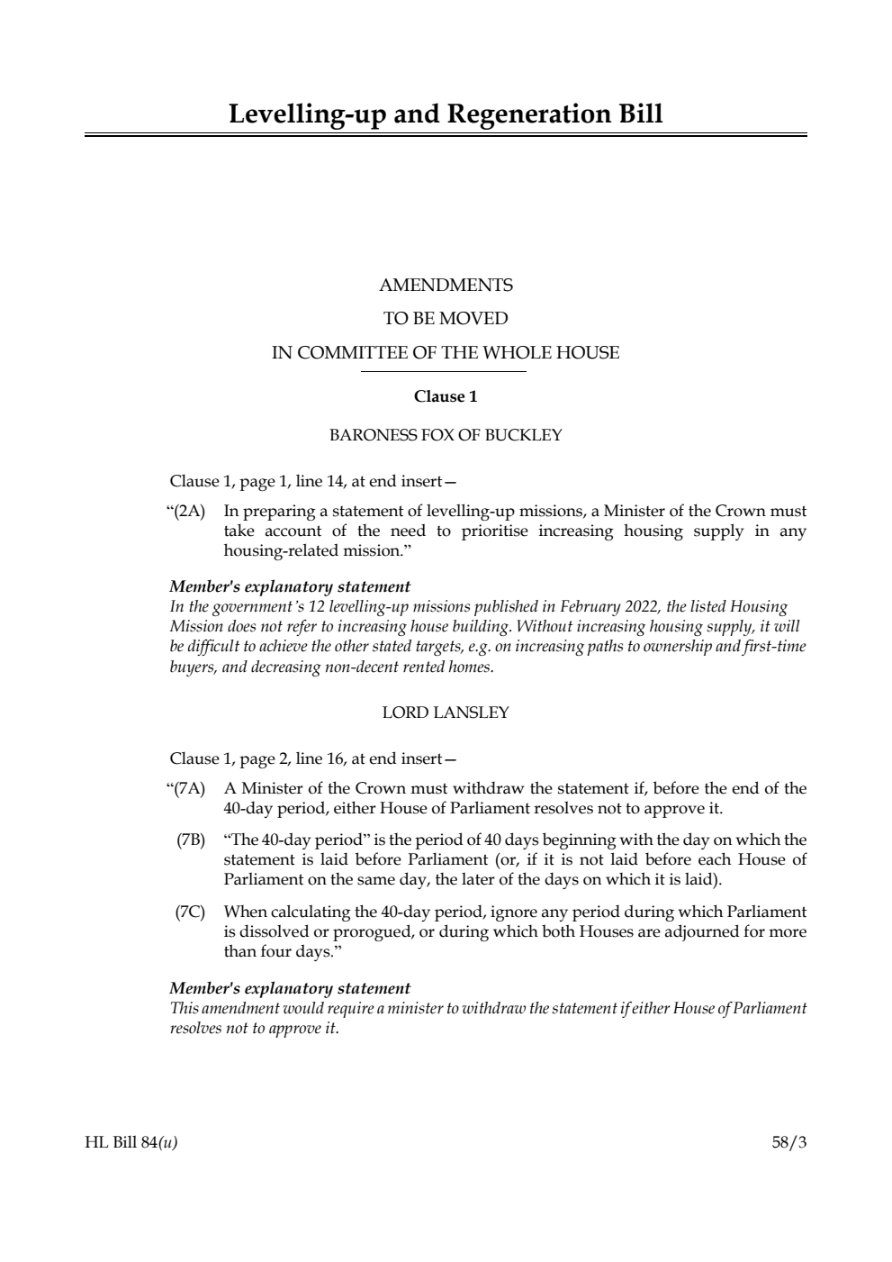 Levelling-up and Regeneration Bill Amendments to be moved in Committee of the Whole House