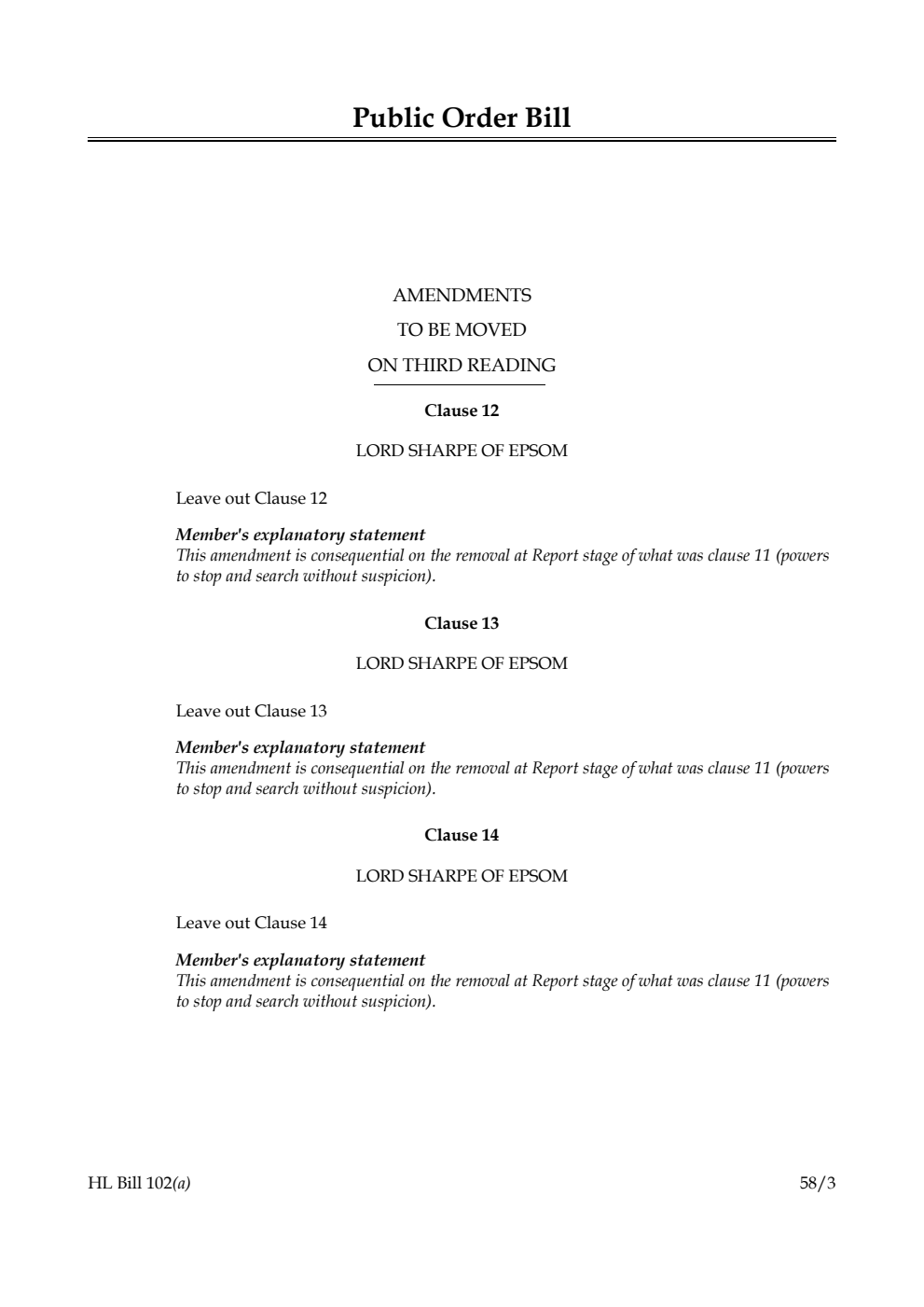 Public Order Bill Amendments to be moved on third reading