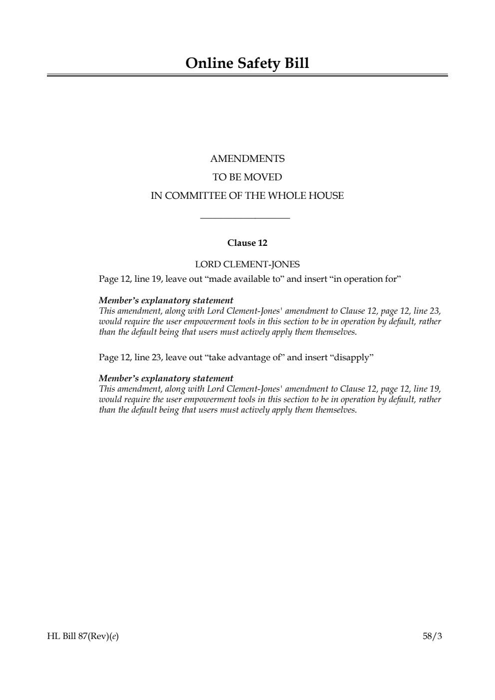 Online Safety Bill Amendments to be moved in Committee of the Whole House