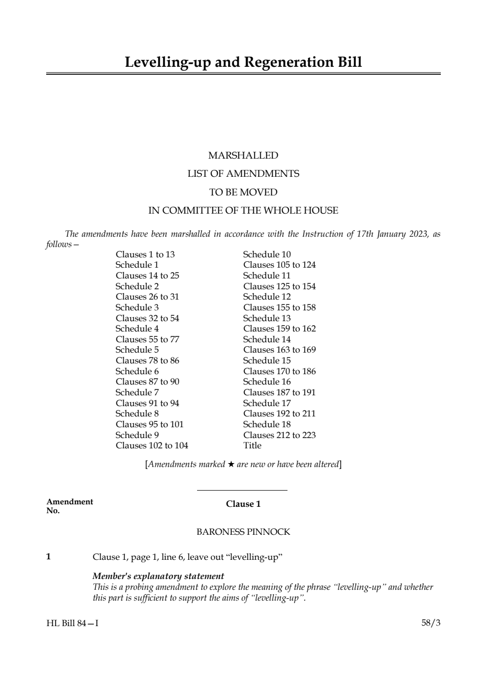Levelling-up and Regeneration Bill Marshalled List of Amendments to be moved in Committee of the Whole House