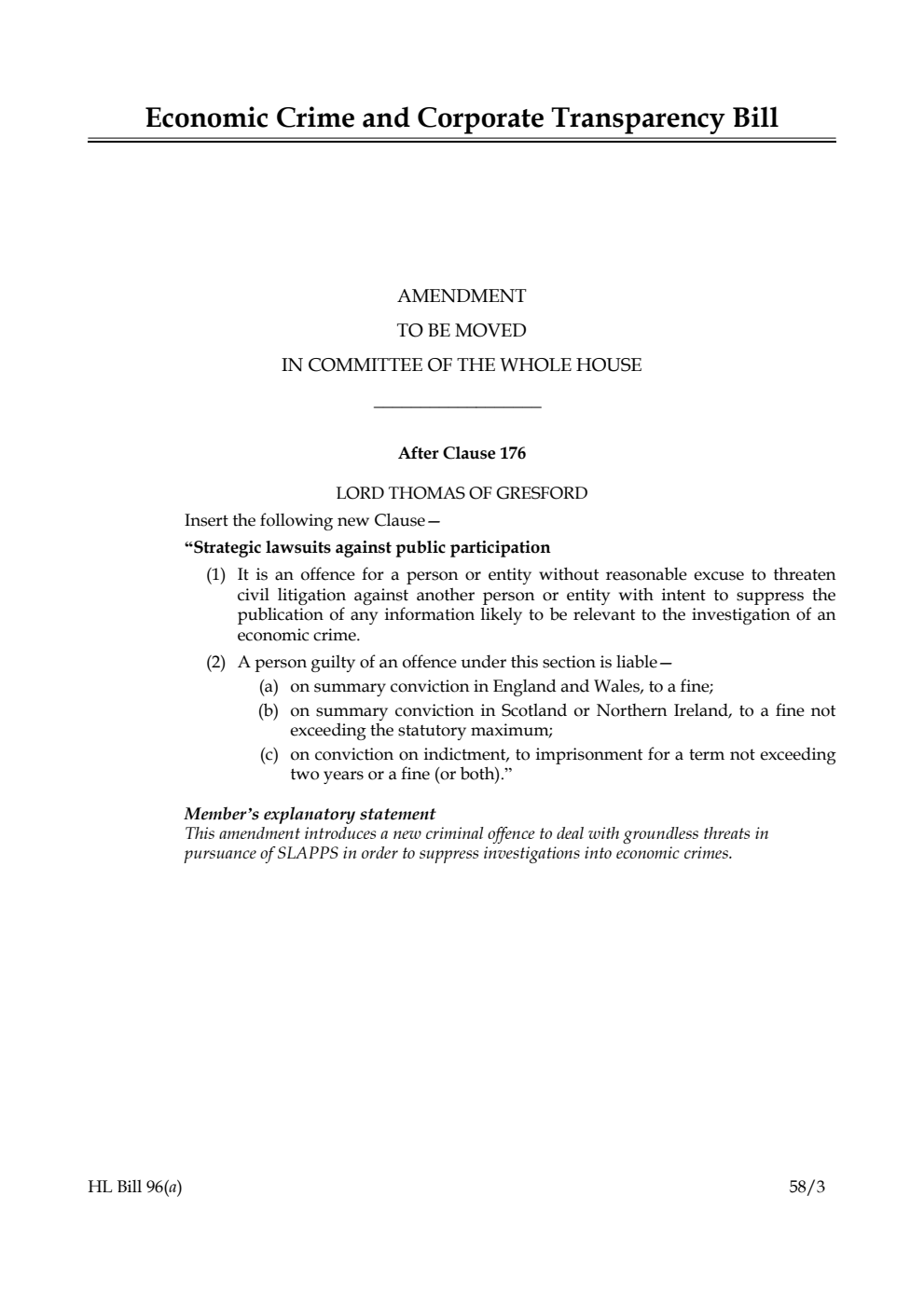 Economic Crime and Corporate Transparency Bill Amendment to be moved in Committee of the Whole House