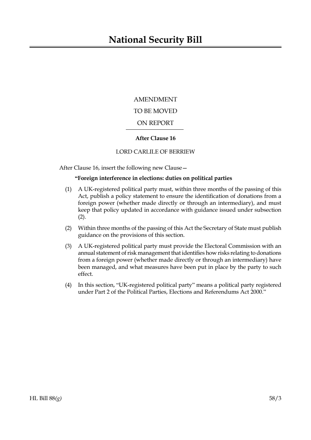 National Security Bill Amendment to be moved on Report