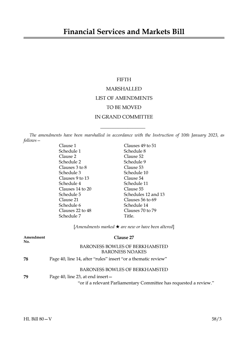 Financial Services and Markets Bill 5th Marshalled List of Amendments to be moved in Grand Committee